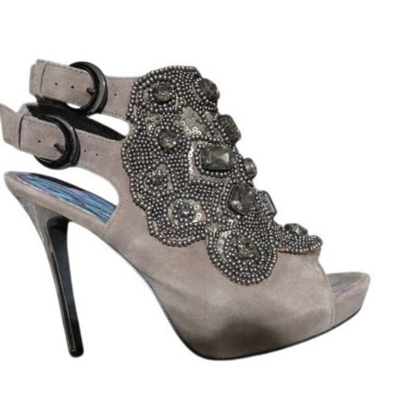 Sam Edelman Gray Ankle Strap High Heel Pumps Jeweled Stiletto's Size 6 1/2 - Picture 9 of 11